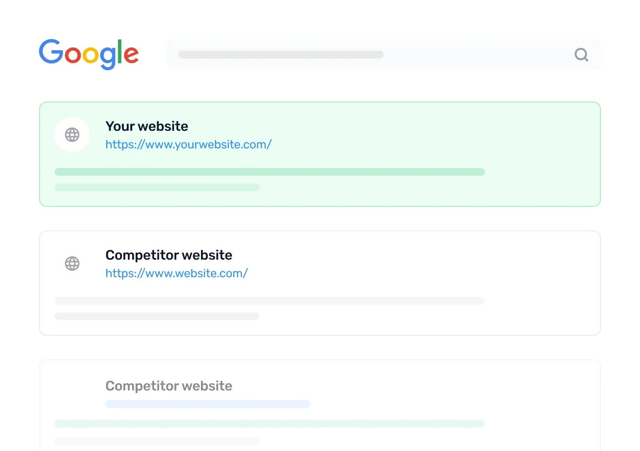 Search results showing your website ranked above competitors with AI-optimized SEO